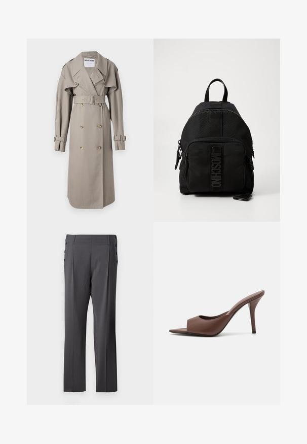 Šviesiai rudos spalvos paltas, pagamintas iš lengvos medžiagos, su dvigubu užsegimu, plačiu apykakle, dirželiu juosmeniui ir užsegamais rankogaliais. Auksinės spalvos mygtukai.; Balta marškininė su ilgomis rankovėmis, su raukšlėta tekstūra priekyje, mažais auksiniais mygtukais ir standartiniu apykakle.; Pilki pritaikyti kelnės su tiesiomis kojomis, priekiniais raukiniais ir dekoratyviais šoninėmis sagutėmis, suteikiančiomis papildomą detalumą. Sklandus audinio tekstūros.; Rudi odos atviri aukšti kulniukai su elegantišku dizainu, turinčiu plačią priekinę juostą ir siauromis stiletto kulkšnimis.; Juodas Moschino kuprinės modelis su priekiniais užtrauktuko kišenėmis, viršutine rankena ir logotipu priekinėje kišenėje.