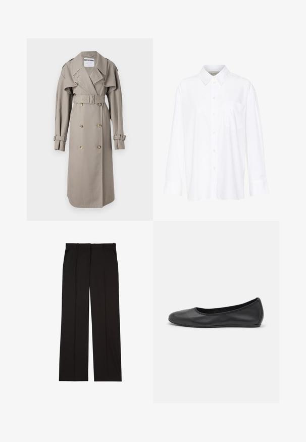 Manteau trench beige en tissu léger, avec une fermeture à double boutonnage, un col large, une taille ceinturée et des poignets à pattes. Boutons dorés.; Chemise blanche à manches longues avec col, en coton. Présente un devant à boutons et une poche poitrine unique. Texture lisse, coupe décontractée.; Pantalons noirs sur mesure en tissu lisse, présentant une coupe droite, avec deux poches latérales. Construction élégante et minimaliste.; Ballerines en cuir noir avec un bout rond, texture lisse, détails de couture minimalistes et design de semelle flexible.