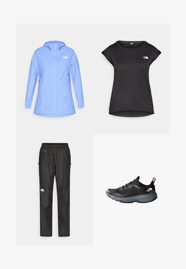 Lichtblauwe waterdichte jas met capuchon, elastische manchetten en twee zijzakken. Voorzien van een logo op de bovenste linkerborst. Soepele textuur.; The North Face TANKEN TANK - Sport T-shirt - black; Zwarte waterdichte broek van lichtgewicht stof, uitgerust met een elastische tailleband, zijzakken en een logo op het linkerpijp.; Zwarte hardloopschoen met een gestructureerde bovenkant, gevoerde kraag en grijze middenzool. Voorzien van veters, logo en een duurzame, getextureerde buitenzool.