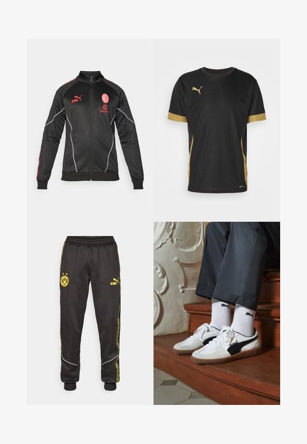 Svart sportjakke med røde detaljer, glidelåslukking, høy krage, Puma-logo og lagmerke. Har teksturert stoff og hvite pipingdetaljer.; Svart treningst-skjorte med gulldetaljer på ermene og siden. Har rund hals, korte ermer og fukttransporterende DRYCELL-stoff.; Svarte treningsbukser med gule Borussia Dortmund BVB 09 og Puma King-logoer, elastisk liv, og mønstrede gule sidestriper.; Puma-sneakers i hvitt og svart semsket skinn, med en brun gummisåle. Kombinert med hvite sokker med en svart logo, båret med mørke bukser.