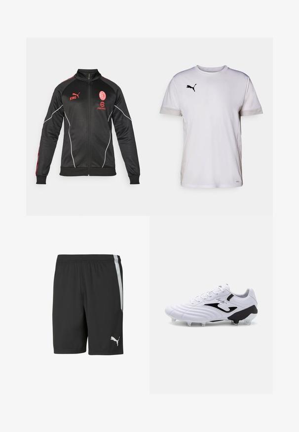 Schwarze Sportjacke mit roten Akzenten, Reißverschluss, hohem Kragen, Puma-Logo und Teamwappen. Verfügt über strukturierten Stoff und weiße Piping-Details.; Weißes kurzärmeliges Sportshirt mit Rundhalsausschnitt, ausgestattet mit atmungsaktiven Netzdetails an den Seiten und einem schwarzen Puma-Logo auf der Brust.; Schwarze sportliche Shorts aus leichtem Stoff, mit einem weißen Seitenstreifen und einem weißen Puma-Logo auf der unteren linken Vorderseite.; Weißer Fußballschuh mit texturiertem Synthetik-Obermaterial, schwarzen Akzenten, Schnürverschluss und sechs klaren Stollen auf einer schwarzen Sohle für Traktion.