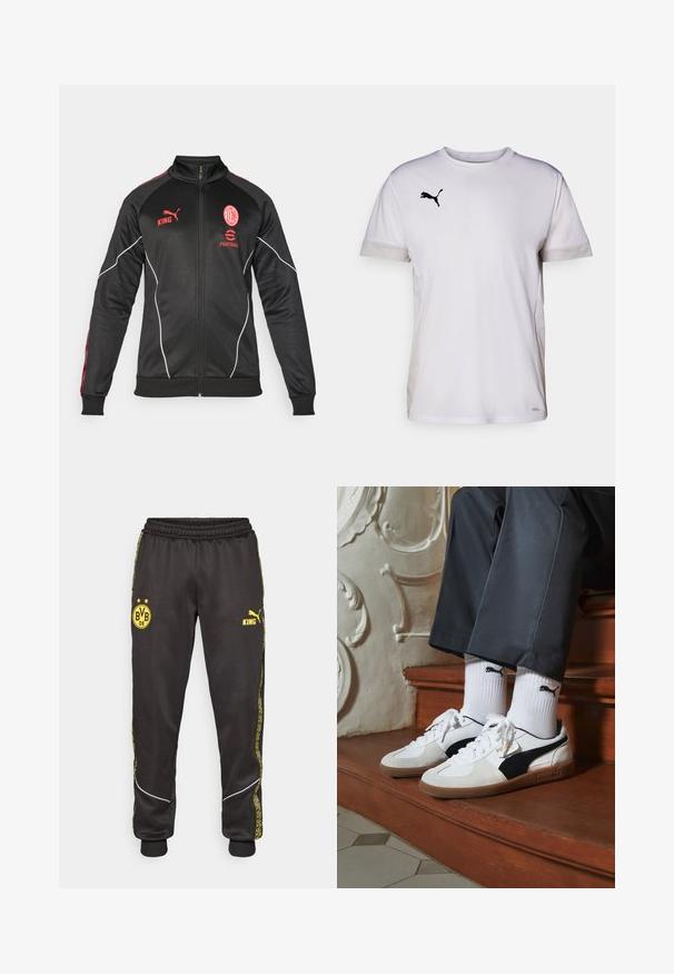 Zwarte sportjas met rode accenten, ritssluiting, hoge kraag, Puma-logo en teamembleem. Beschikt over een gestructureerde stof en witte piping-details.; Witte korte mouwen sportshirt met een ronde hals, voorzien van ademende mesh accenten aan de zijkanten en een zwart Puma-logo op de borst.; Zwarte sportbroeken met gele logos van Borussia Dortmund BVB 09 en Puma King, een elastische tailleband en gestreepte gele zijpanelen.; Puma sneakers in wit en zwart suède, met een bruine rubberen zool. Gecombineerd met witte sokken met een zwart logo, gedragen met donkere broek.