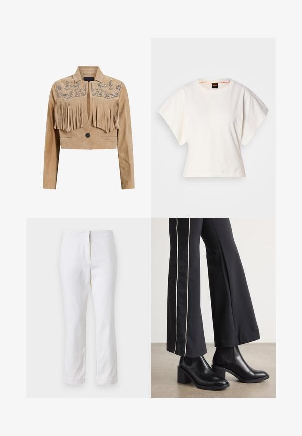 AllSaints CORINNA SHAI - Nahkatakki - tan brown; Valkoinen lyhythihainen t-paita, leveät lyhyet hihat, pehmeää puuvillamateriaalia, pyöreä pääntie jossa hienovarainen oranssi reunus, minimaalinen muotoilu, ei kuvioita tai graafisia elementtejä.; Valkoiset puuvillahousut suoralla lahkeella, joissa on keskikorkea vyötärö ja ei näkyviä varusteita tai kuvioita. Ehjä pinta kauttaaltaan.; Mustat nahkasaappaat nilkkapituisilla, lohkareella, joissa on joustavat sivupaneelit. Yhdistetty mustiin housuihin, joissa on valkoinen sivuraita.
