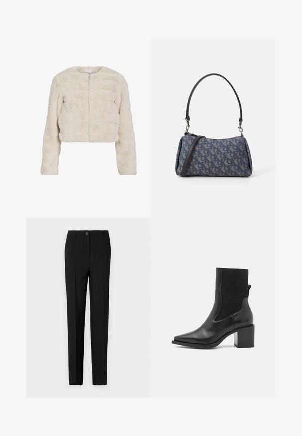 Sagta, krēmkrāsas mākslīgās kažokādas jakas ar apaļu kakla izgriezumu, horizontālām šuvēm un garām piedurknēm. Priekšējā aizdare bez redzamiem mehānismiem.; Ilgās piedurknēs leopardu raksta blūze ar augstu izgriezumu, izgatavota no elastīga auduma. Tam ir bēša pamatne ar brūniem plankumiem. Gluda faktūra, pieguļošs dizains.; Melni piegrieztie bikses ar taisnu kāju dizainu, ar pogu slēgšanu un jostu cilpām, izgatavotas no gludas auduma.; Melnas potītes botas ar norādītu purngalu, izgatavotas no gludas ādas un elastīgas auduma. Ievērojamas ar bloku papēdi un minimālistisku dizainu.; Zila ar rakstu somiņa, kas izgatavota no auduma, ar izliekta formu, melnu ādas siksnu un logotipa dizainu gaišākā tonī.