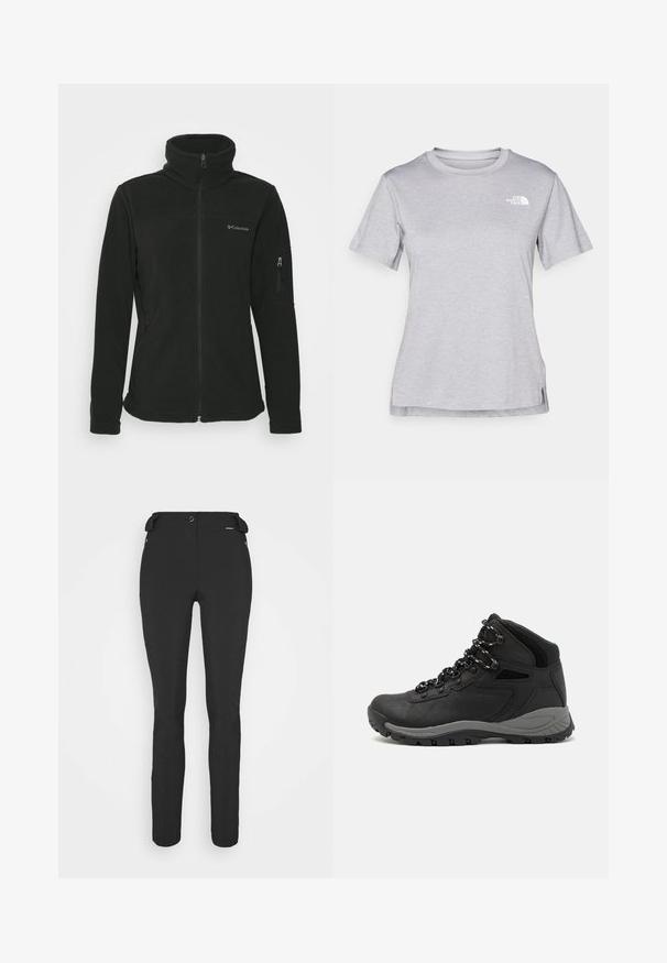 Czarna polarowa kurtka z wysokim kołnierzem, z przodem zapinanym na zamek oraz boczną kieszenią zapinaną na zamek. Posiada logo na lewej stronie klatki piersiowej.; Szara, krótkozasięgowa koszulka wykonana z miękkiego, odprowadzającego wilgoć materiału. Posiada okrągły dekolt oraz małe białe logo w górnym lewym rogu.; Czarne, dopasowane spodnie wykonane z elastycznego materiału. Cechy to kieszeń boczna na zamek, strefowe kolana oraz gładka faktura.; Czarne buty trekkingowe z średnim cholewem, z teksturowaną cholewą, szarymi akcentami oraz trwałą gumową podeszwą z wypustkami zapewniającymi przyczepność.