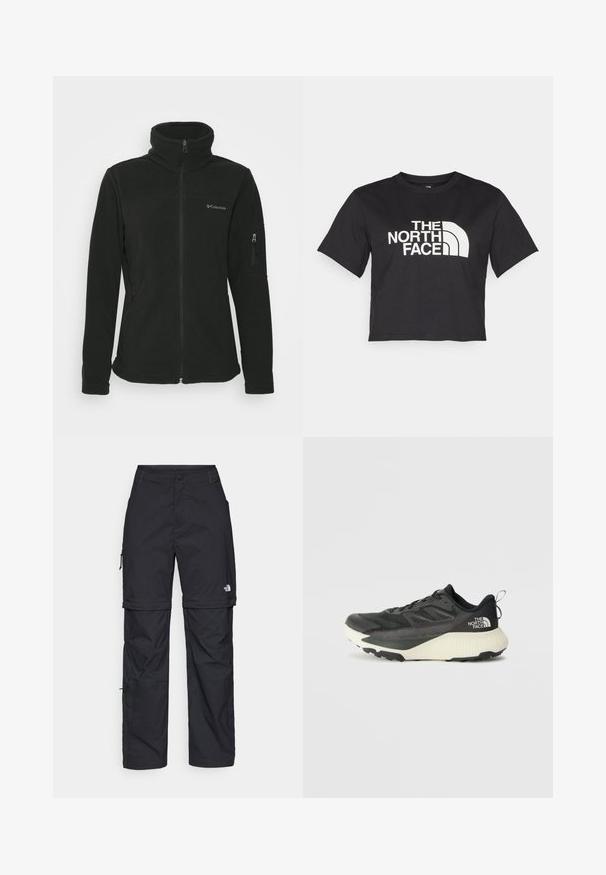 Crna flis jakna s visokim ovratnikom, prednjim zatvaračem i bočnim džepovima sa zatvaračem. Ima logo na lijevoj strani prsnog područja.; Crni kratki majica od pamuka s bijelim logotipom s zakrivljenim naglasima i tekstom "THE NORTH FACE" sprijeda. Kratki rukavi, okrugli ovratnik.; Crne najlon hlače s munjevim zatvaranjem, odvojive cargo hlače s podesivim manžetama, brojnim džepovima i logom na desnoj nozi. Glatka, lagana tekstura.; Crna atletska cipela s teksturiranim gornjim dijelom, sivim detaljima i bijelim međuslojem. Ima držač i istaknutu marku na peti.