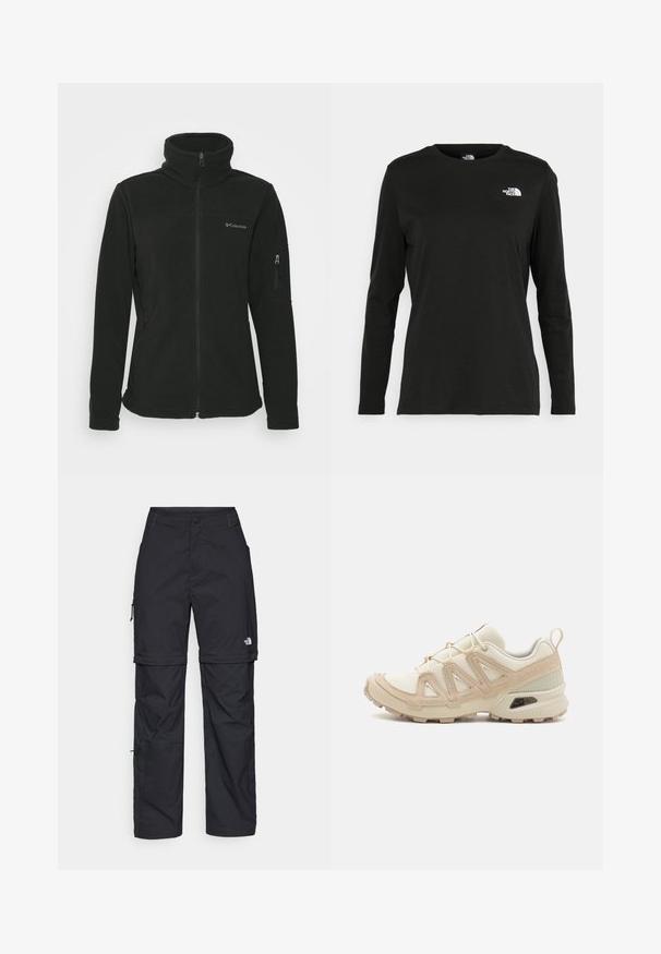 Casaco de polar preto com gola alta, fecho frontal em zíper e bolso lateral com zíper. Apresenta um logótipo na área do peito esquerdo.; T-shirt preto de mangas longas, feito de algodão, com decote redondo. Apresenta um pequeno logótipo branco na área esquerda do peito. Design simples e ajuste confortável.; Calças cargo pretas em nylon com fechos de correr removíveis, punhos ajustáveis, múltiplos bolsos e um logótipo na perna direita. Textura suave e leve.; Sapatilha atlética beige e creme com parte superior em malha texturizada, sobreposições de suporte e sola de borracha com um padrão de cravo para tração.