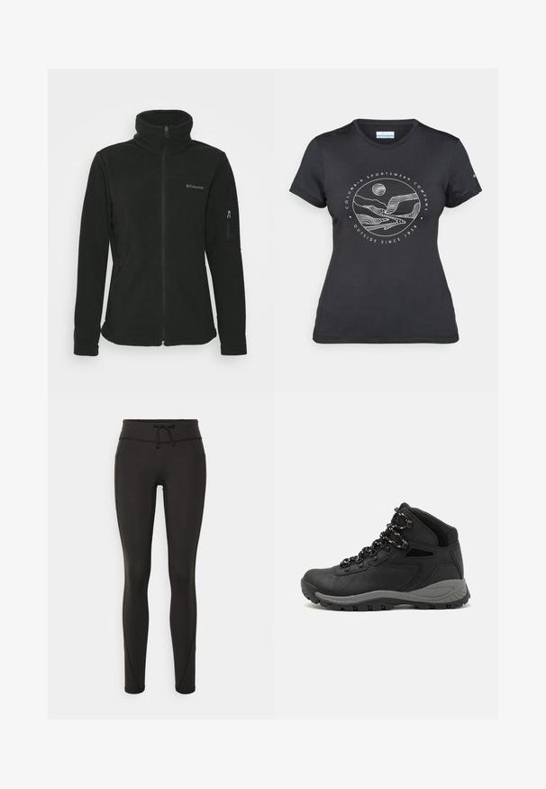 Jachetă din fleece neagră cu guler înalt, închidere frontală cu fermoar și buzunar lateral cu fermoar. Are un logo pe zona din stânga a pieptului.; Tricou negru Columbia cu artă liniară albă circulară reprezentând munți și un râu, împreună cu textul "Columbia Sportswear Company Afară din 1938."; Leggings negre cu talie înaltă, șnur, textură netedă și design ajustat. Prezintă detalii de cusături de-a lungul laturilor.; Botă de drumeție neagră cu un design mediu, având un material texturat, accente gri și o talpă din cauciuc durabilă cu crampoane pentru aderență.