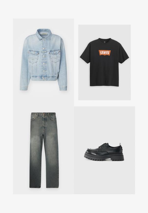 Light blue denim jacket with a collared neck, front button closure, two chest pockets, and a cropped fit. Features stitching details.; Black cotton t-shirt featuring a large orange Levi's logo on the front, short sleeves, and a crew neck design.; Jack & Jones JJIALEX JJCOOPER - Baggy Jeans - black denim; Black chunky leather lace-up shoe with thick rugged sole and metal eyelets on toe area, photographed against a plain light background.
