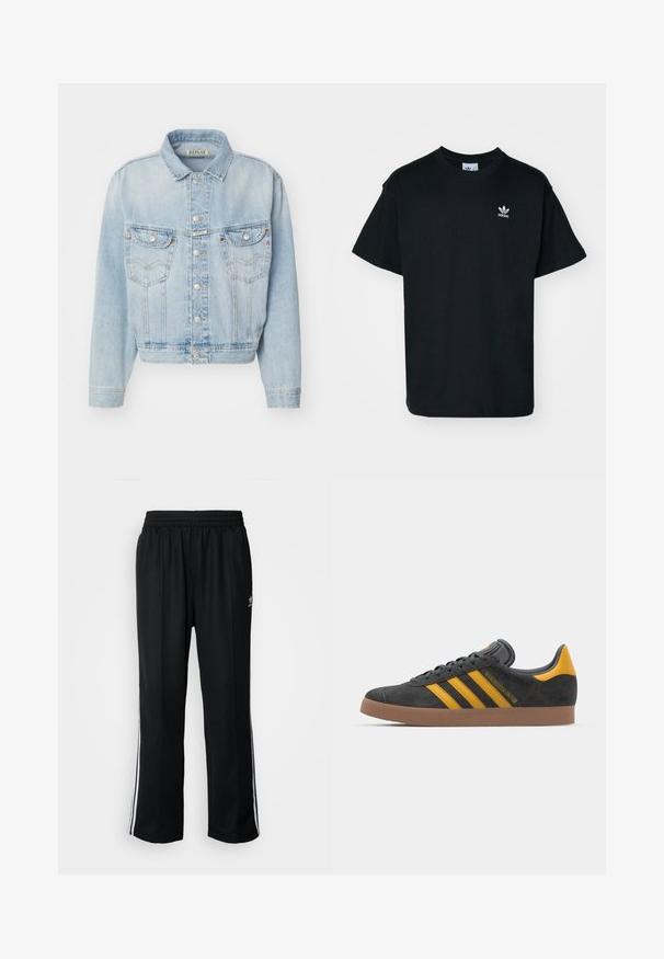 Light blue denim jacket with a collared neck, front button closure, two chest pockets, and a cropped fit. Features stitching details.; Black cotton t-shirt with a crew neck and short sleeves, featuring a small white Adidas logo on the left chest area.; Black athletic pants with an elastic waistband, featuring white side stripes and a small logo. Material appears soft and lightweight.; Black suede sneaker with yellow accents, featuring three stripes and a brown rubber sole. Includes a padded tongue for comfort.