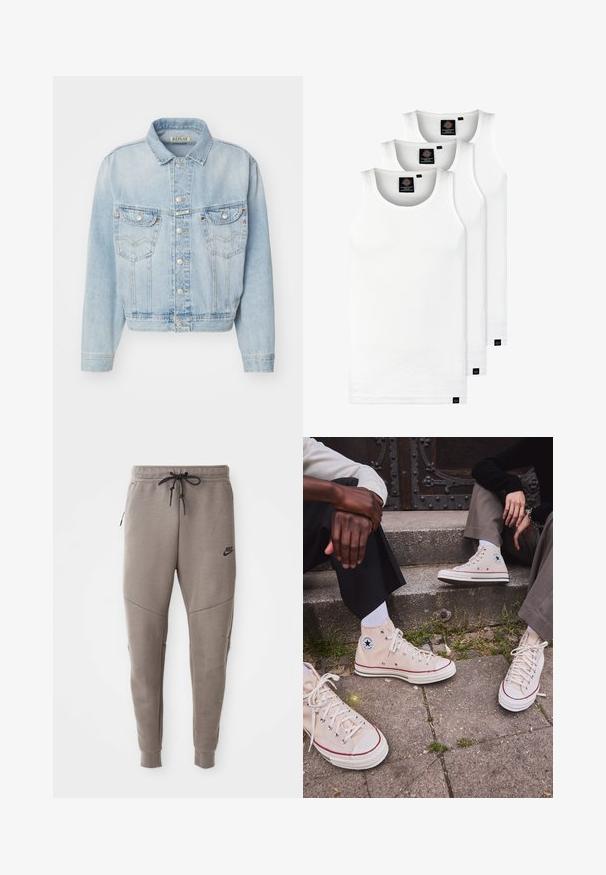 Világoskék farmerdzseki, galléros nyakkal, elöl gombos záródással, két melltető zsebbel és rövidített fazonnal. Részletekben varrási díszítések találhatók.; Három fehér csíkos pamut trikó. Felső része kerek nyakkivágású, és a szegély közelében kis fekete címkék találhatók. Több méretben elérhető.; Beige, rövid ujjú ing gombos elülső résszel, két mellzsebbel, látható varrási részletekkel és klasszikus gallérral.; Szürke Nike melegítőnadrág húzózsinórral a deréknál, keskeny lábakkal, oldalsó zsebekkel és jellegzetes varrás részletekkel. Puha, texturált anyag.; Magas szárú bézs vászon tornacipő piros csíkkal, fehér gumitalppal és fém fűzőlyukakkal, az oldalukon ikonikus csillaglogóval.