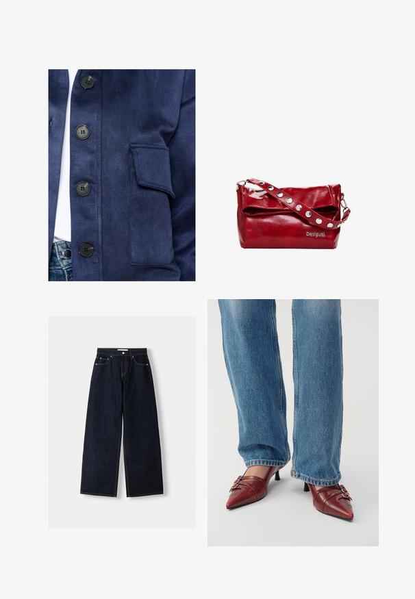 Granatowa kurtka wykonana z gładkiego materiału, z czarnymi guzikami, kieszenią na klapę i subtelnym połyskiem, z zapinanym przodem.; Niebieska i biała w paski, długorękawowa koszula zapinana na guziki, z kołnierzykiem typu spread, dopasowanym krojem oraz zaokrąglonym dolnym wykończeniem. Teksturowany materiał bawełniany.; Granatowe dżinsy z szerokimi nogawkami i wysokim stanem, pięć kieszeni, kontrastowe szwy i srebrne metalowe akcesoria. Gładka tekstura i czyste wykończenie.; Czerwone skórzane buty na szpilce z ostrym noskiem, z małym obcasem, z poziomymi przeszyciami i dwiema srebrnymi klamrami, noszone z niebieskimi dżinsami.; Czerwona torebka na ramię z syntetycznej skóry, z klapą składana, srebrnymi zapięciami na pasku oraz nadrukowanym logo "Desigual".