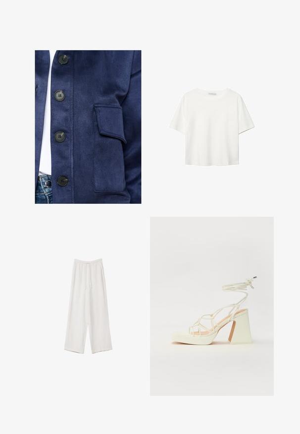Kraljevsko modra jakna iz gladkega materiala, z črnimi gumbi, z žepom s poklopcem in subtilnim leskom, s sprednjim zapiranjem na gumbe.; Bela kratka majica s kratkimi rokavi iz bombaža. Ima okroglo izrezovanje in sproščen kroj. Gladka tekstura brez vidnih vzorcev ali poudarkov.; Bele široke hlače iz lahkega materiala. Imajo elastičen pas s vrvico in stranske žepe. Gladka tekstura.; Bela sandala na visokih petah s debelim petam, ki ima obliko trakcev in vezanje okoli gležnja. Gladka tekstura z platformo spredaj za dodatno višino.