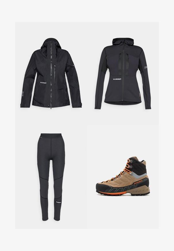 Melnā ūdensnecaurlaidīgā jaka ar augstu apkakli, regulējamu kapuci, ar rāvējslēdzējiem aizveramiem kabatām un atstarojošu logotipu. Izgatavota no viegla, izturīga materiāla.; Melnā sporta jaka ar kapuci, ar iešūtām kabatām un strukturētu paneļu uz piedurknēm. Logo priekšpusē un uz piedurknēm. Materiāls paredzēts elastībai.; Melnā bez piedurknēm krekls ar teksturētu rakstu, ar apaļu kakla izgriezumu un "MAMMUT" logotipu priekšpusē. Izgatavots no elpojoša materiāla.; Melni sporta legingi ar teksturētām paneļiem un pastiprinātu šuvju, ar zīmola logotipu un platenu elastīgu jostasvietu.; Bēžs un melns augsts pārgājienu zābaks ar oranžām šņorēm, gumijas purngala aizsargu, teksturētu virsu un izturīgu zoli. Satur pastiprinātu potītes atbalstu.