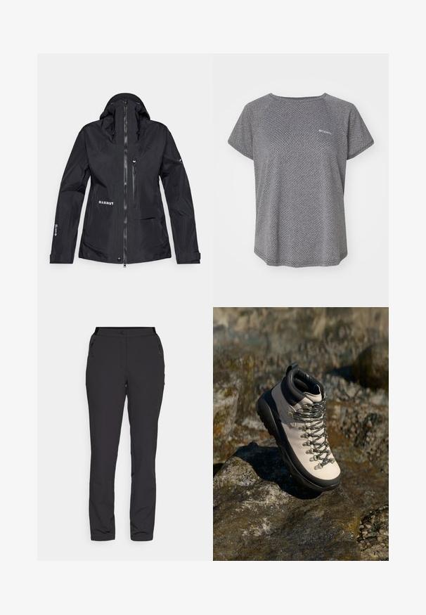 Černá nepromokavá bunda s vysokým límcem, nastavitelnou kapucí, zipovými kapsami a reflexním logem. Vyrobena z lehkého a odolného materiálu.; Šedá košile s krátkým rukávem s jemným texturovaným vzorem, kulatým výstřihem a logem Columbia na hrudi. Měkká tkanina, uvolněný střih.; Černé venkovní kalhoty vyrobené z lehkého materiálu mají rovný střih, boční kapsy na zip a nastavitelný pas.; Svetle béžové turistické boty s černou gumovou podrážkou, flexibilním svrškem, kovovými oky a šedými tkaničkami, umístěné na kamenitém povrchu.