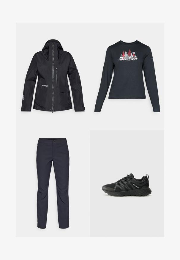 Juoda vandeniui atspari striukė su aukštu apykakle, reguliuojama kepure, užtrauktukais uždaromomis kišenėmis ir atspindinčiu logotipu. Pagaminta iš lengvos, tvirtos medžiagos.; Ilga rankovė tamsiai pilka marškinėliai su raudonų medžių ir kalnų grafika; drąsaus baltos spalvos teksto "COLUMBIA" logotipas. Minkšta medžiaga, standartinis apvalus kaklas.; Tamsiai mėlynos kelnės, pagamintos iš lygaus audinio, su priekiniais mygtukais, lieknos silueto ir raukšlėmis ant kelių.; Columbia PEAKFREAK - Turistiniai batai - black