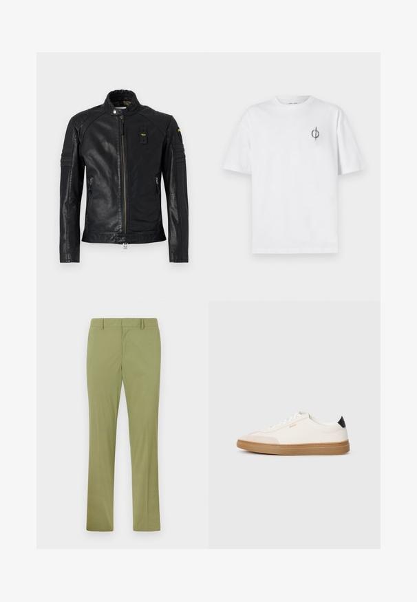 Crna kožna motoristička jakna s visokim ovratnikom, zatvaranjem na zip, i podstavljenim detaljima na ramenima. Glatka tekstura, minimalistički dizajn i bočne džepove.; Bijela pamučna majica s opuštenim krojem, s malim crnim grafičkim logotipom na lijevoj prečki. Kratki rukavi, okrugli izrez.; Kaki zeleni hlače ravnog kroja, s ravnim dijelom i petljama za remen. Izrađene od glatke tkanine s suptilnim sjajem.; Bijele tenisice s bež akcentima, s gornjim dijelom od glatke kože, zaobljenim vrhom i gumiranim potplatom, s crnim detaljem na peti i suptilnim brendingom.