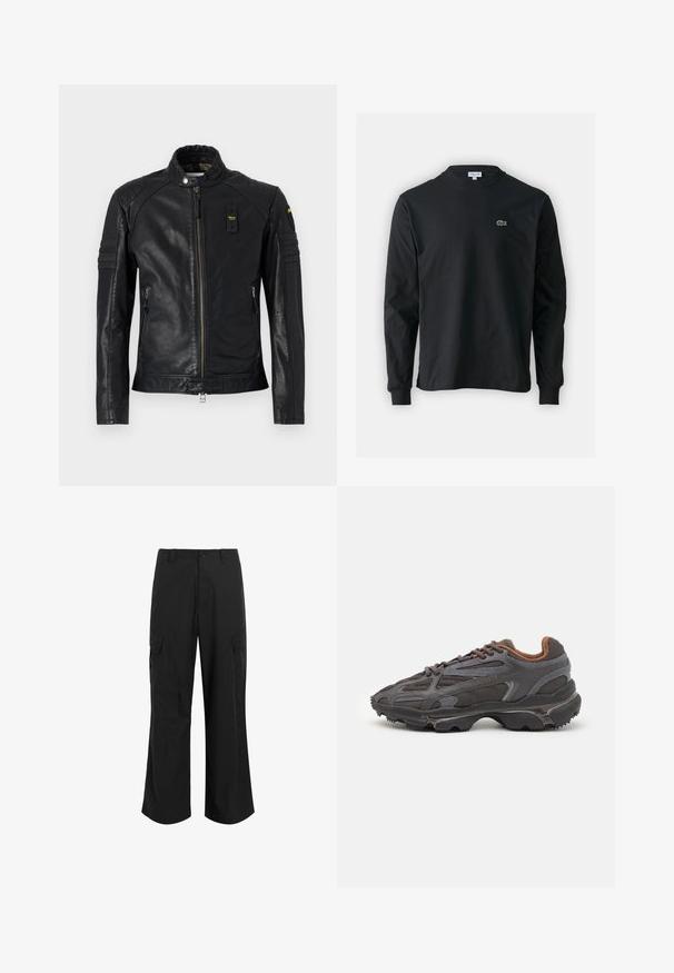 Schwarze Leder-Motorradjacke mit hohem Kragen, Reißverschluss und gepolsterten Schulterakzenten. Glatte Textur, minimalistisches Design und Seitentaschen.; Schwarzes Langarm-T-Shirt aus Baumwolle, mit Rundhalsausschnitt und einem kleinen grünen, gestickten Krokodil-Logo auf der linken Brust.; Schwarze Cargo-Hose aus leichtem Stoff, mit entspannter Passform, zwei großen Seitentaschen und Knopfverschluss.; Lacoste Sneaker in Dunkelgrau aus Mesh und Synthetikmaterial, mit einer strukturierten Sohle und braunen Akzenten am Kragen und Logo.