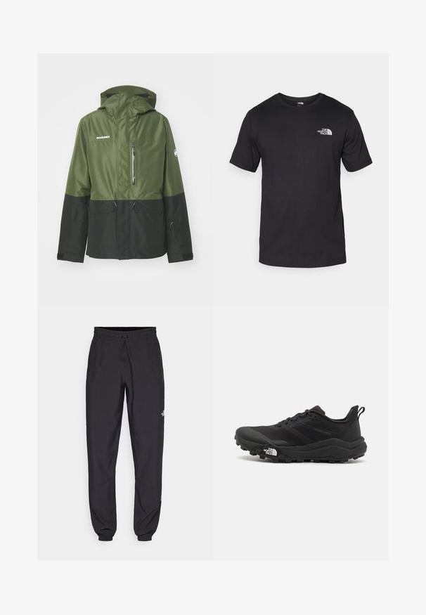 Mammut FALL LINE THERMO HOODED JACKET MEN - Skijaška jakna - dark marsh/black; Crna majica kratkih rukava od pamuka, s okruglim izrezom i malim bijelim logotipom na gornjem lijevom dijelu prsnog koša.; Crne sportske hlače od lagane tkanine, s pojasom na vezanje, bočnim džepovima i suženim manžetama na gležnjevima.; Crne trail trkačke cipele s teksturiranim gornjim dijelom, gumeni potplat i ojačana zaštita za prste. Imaju podstavljen ovratnik i trakicu za lakše obuvanje.