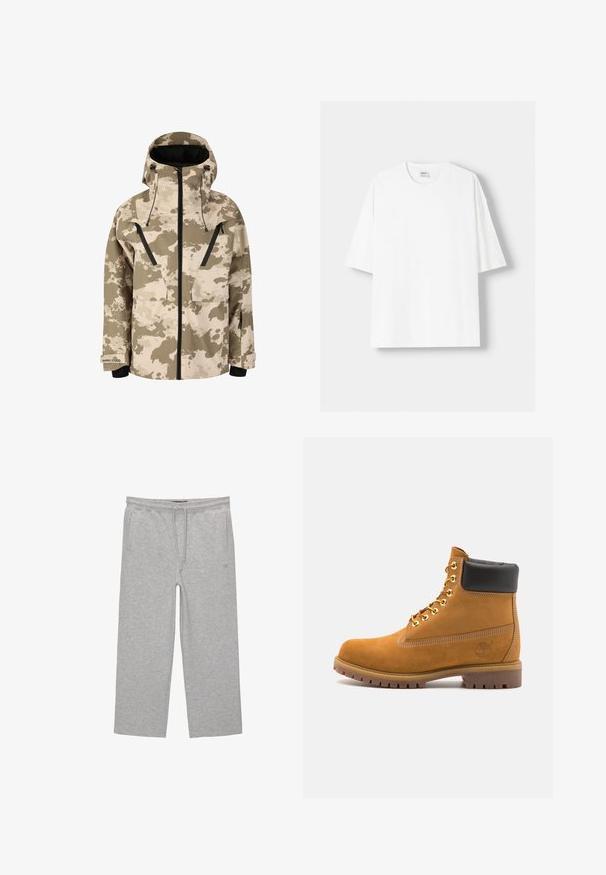 Beige and brown camouflage jacket with a hood, front zip closure, two front pockets, and black zippers. Waterproof fabric with a smooth texture.; White short-sleeved t-shirt made from cotton, featuring a round neckline and a relaxed fit. Smooth texture, with no visible patterns or accents.; Gray cotton lounge pants with an elastic waistband, drawstring, and two side pockets; straight leg design, soft texture, no patterns.; Tan suede ankle boot with black padded collar, gold metal eyelets, white stitching detailing, and rugged rubber sole with pronounced treads.