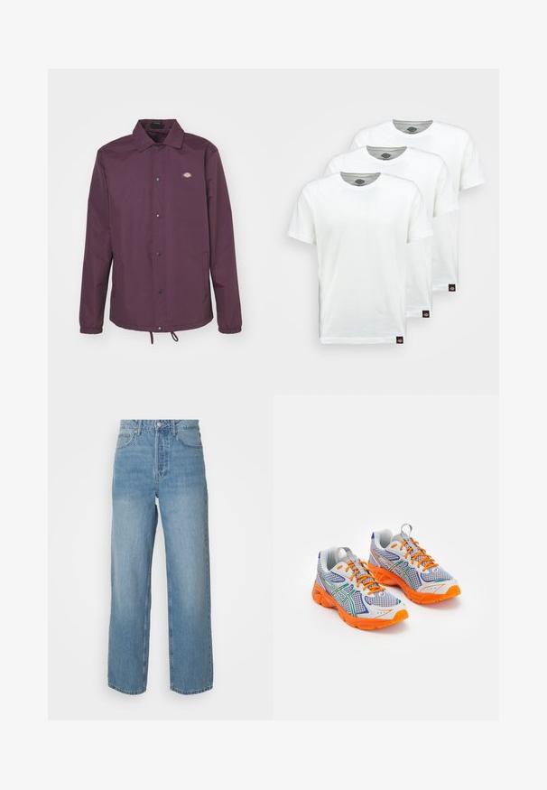 Dickies OAKPORT COACH - Sommerjakke - plum perfect; Tre hvite bomullst-skjorter med korte ermer. Hver skjorte har en rund hals og et lite svart logomerke på venstre side.; Høytlivs lys blå denimjeans med rette ben, front lukking med knapp, og fem lommer på ensfarget bakgrunn.; Sportskoe sko med mesh-overdel i hvit, aksentert med lilla, grønn og oransje detaljer. Polstret krage og teksturert oransje såle.