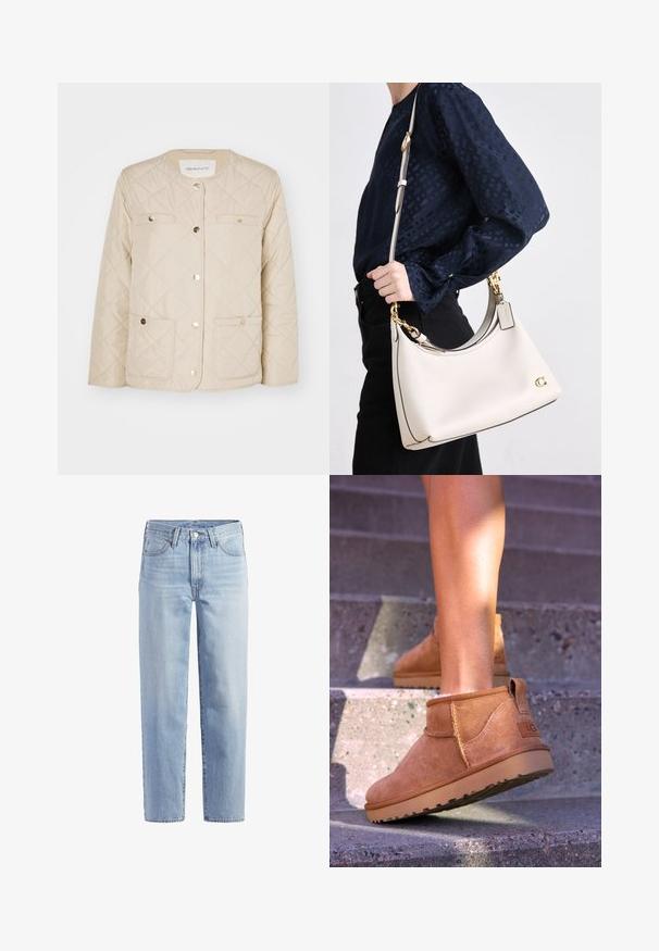 Veste matelassée beige avec un col rond, des boutons à l'avant et deux poches plaquées. Le matériau a une texture lisse avec un léger éclat.; Pull beige à manches longues avec un col rond, fabriqué en tissu doux et texturé, présentant un accent de logo subtil près de l'ourlet.; Jean en denim bleu clair, coupe droite, avec bouton frontal, fermeture éclair, passants de ceinture et design à cinq poches sur fond blanc.; Bottines en suede beige avec une texture douce, des détails cousus et une semelle en caoutchouc, dotées d'un talon en boucle pour un enfilage facile.; Un sac à main en cuir beige avec des finitions foncées, une silhouette courbée, des accessoires en doré et une bandoulière détachable, tenu sur le côté contre une tenue sombre.