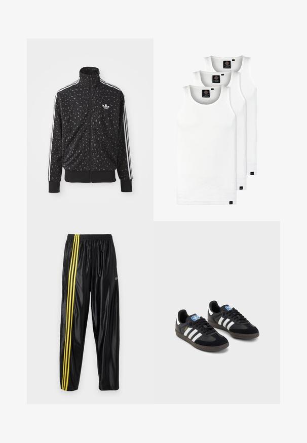 Zwarte zip-up jas met een luipaardprint structuur, witte strepen langs de schouders en een klein wit logo op de borst.; Drie witte geribde tanktops van katoen. Kenmerken zijn een ronde hals en kleine zwarte labels nabij de zoom. Verkrijgbaar in meerdere maten.; Zwarte sportbroek van glanzend materiaal met een elastische tailleband, voorzien van twee gele strepen langs de zijkant en een klein logo.; Zwarte sneakers met een bovenwerk van suède en synthetisch materiaal, voorzien van drie witte strepen, een gestructureerde rubberen zool en een blauw logo-label op de tong.