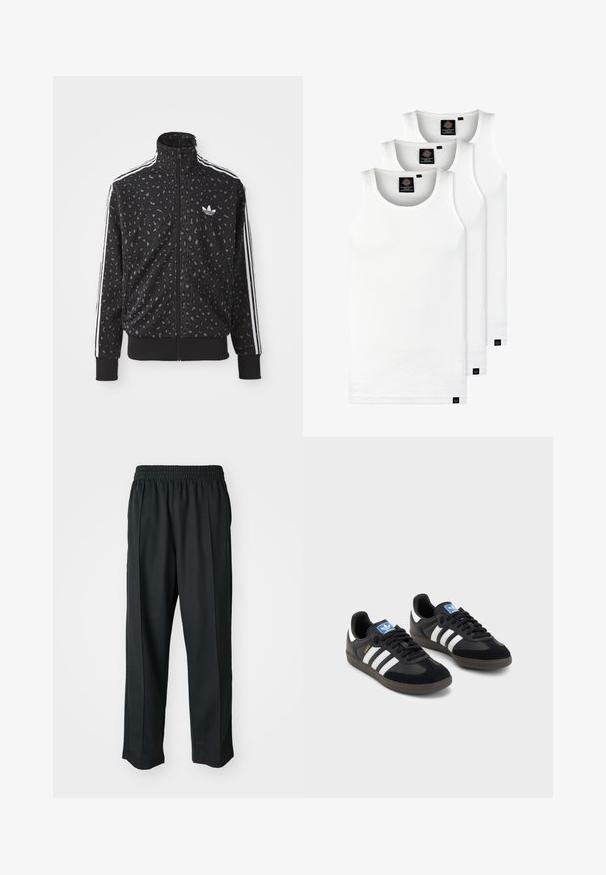 Jaqueta preta com fecho éclair, apresentando uma textura de padrão de leopardo, riscas brancas nos ombros e um pequeno logótipo branco no peito.; Três tops em algodão de alças brancas com nervuras. Apresentam um decote redondo e pequenas etiquetas pretas perto da bainha. Disponíveis em vários tamanhos.; Calças atléticas pretas com um cós elástico, feitas de tecido suave, com costuras laterais discretas e um ajuste descontraído, design de perna reta.; Sneakers pretos com parte superior em camurça e sintético, apresentando três riscas brancas, sola de borracha texturizada e etiqueta azul no linguete.