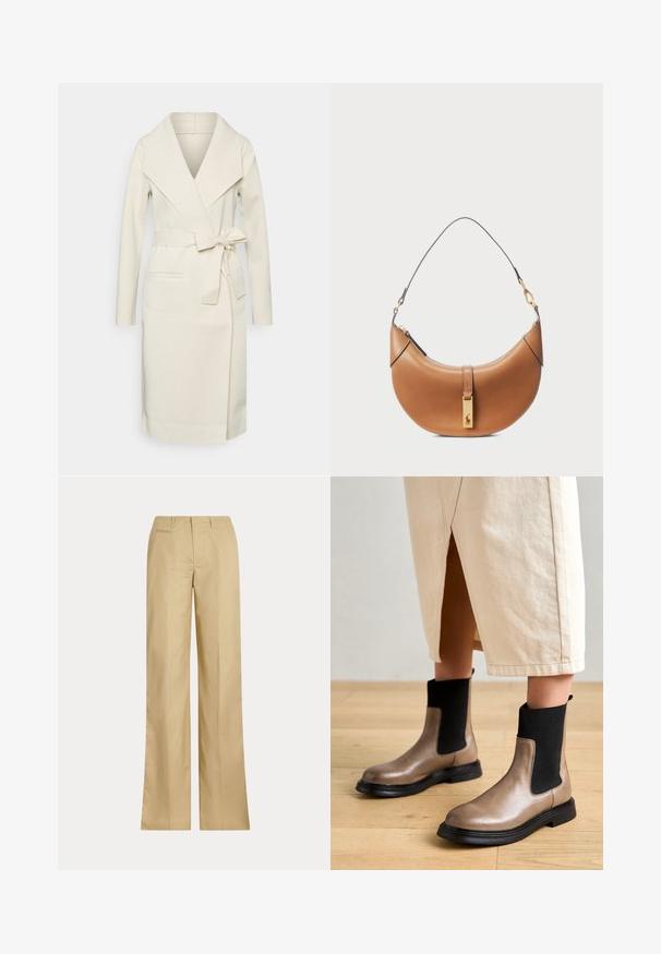 Cappotto avvolgente color crema realizzato in tessuto morbido, dotato di colletto a scialle, maniche lunghe, cintura in vita e tasche frontali.; Maglione a collo alto in beige chiaro, realizzato in un maglione morbido e liscio. Presenta maniche lunghe e una silhouette aderente con un orlo a coste.; Pantaloni beige a gamba larga realizzati in cotone morbido, con una vita classica e una tasca sul retro, presentano una linea dritta e dettagli minimi.; Stivali alla caviglia in pelle marrone con inserti elasticizzati neri a coste, punta arrotondata e suole in gomma nera spessa, esposti su un pavimento in legno chiaro.; Borsa a tracolla in pelle color nocciola con forma curva, hardware dorato e tracolla sottile. Presenta una chiusura con zip e dettagli con logo sulla parte anteriore.