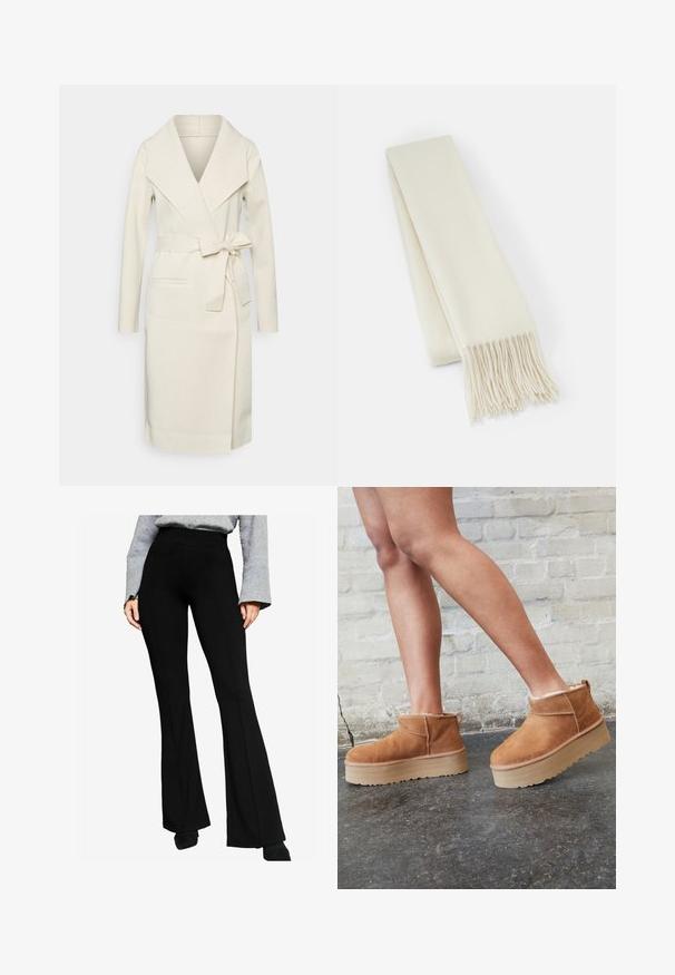 Kremno oblečen plašč iz mehkega materiala, s plaščnim ovratnikom, dolgimi rokavi, pasom in sprednjimi žepi.; Svetlo krem pulover z dolgimi rokavi, okroglih izrezom in rebrastim robom. Narejen iz mehkega materiala, ki ima gladko teksturo.; Črne razširjene hlače iz elastičnega materiala, z visokim pasom in podrobnostmi šivov spredaj, v kombinaciji z dolgo majico v sivi barvi.; Rjavi semiš škornji do gležnjev s puhastim podlogo, debelim bež platformnim podplatom in zanko na zadnji strani. Teksturirana površina z vidnimi šivi.; Bela volnena šal, pravokotne oblike, gladke teksture, s frfotanjem na koncih za dodatno podrobnost.