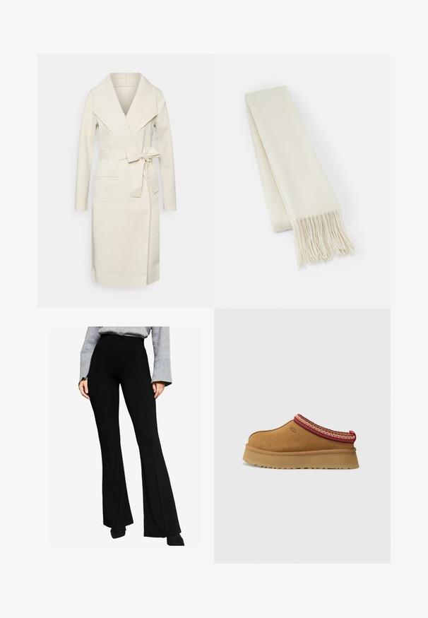 Cremefarbener Wickelmantel aus weichem Stoff, mit Schalkragen, langen Ärmeln, einem Taillengurt und Fronttaschen.; Hellcremefarbener Pullover mit langen Ärmeln, rundem Halsausschnitt und geripptem Saum. Hergestellt aus einem weichen Material mit glatter Textur.; Schwarze, ausgestellte Hose aus dehnbarem Material, mit hohem Bund und Nahtdetails an der Vorderseite, kombiniert mit einem grauen Langarmoberteil.; Braune Wildleder-Slipper mit rot-creamfarbenem gemusterten Besatz, strukturiertem Absatz und UGG-Logo an der Seite. Verfügt über eine leichte Plattformhöhe.; Weißer Wollschal, rechteckige Form, glatte Textur, mit fransenartigen Enden für zusätzliche Details.