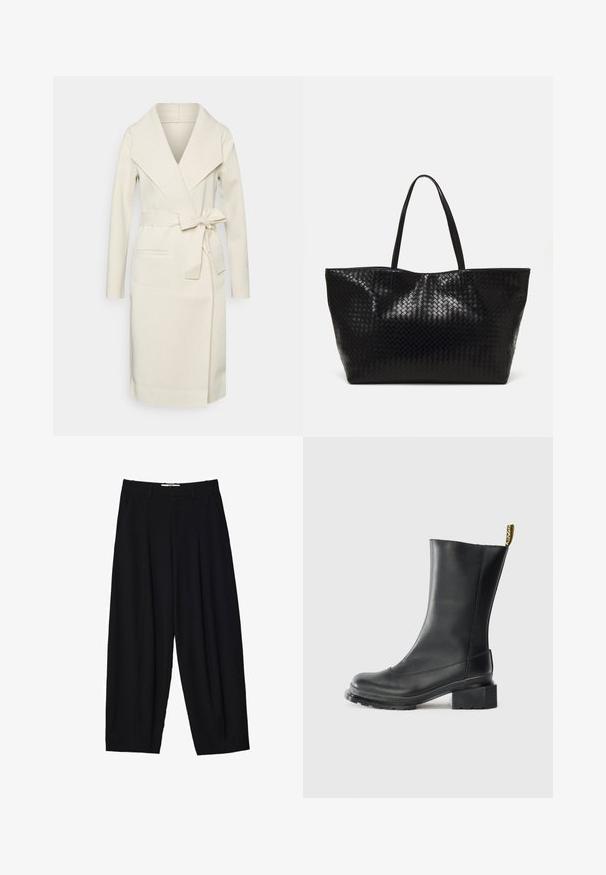 Cremefarbener Wickelmantel aus weichem Stoff, mit Schalkragen, langen Ärmeln, einem Taillengurt und Fronttaschen.; Weißer Pullover mit Zopfmuster, langen Ärmeln, rundem Halsausschnitt und gerippter Struktur. Das cropped Design verleiht eine moderne Note.; Schwarze weit geschnittene Hose aus leichtem Stoff, mit vorderen Falten, klassischem Bund und seitlichen Taschen. Angenehme Struktur.; Schwarze Leder-Stiefelette mit Blockabsatz, glatter Textur, abgerundeter Zehenpartie und einer Fersenschlaufe mit gelbem Branding.; Schwarze geflochtene Tragetasche mit zwei stabilen Griffen, die eine glänzende Textur und ein geräumiges offenes Design bietet.