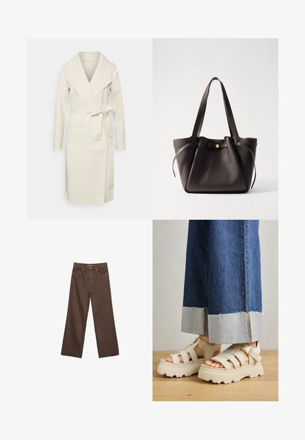 Kremowy płaszcz zapinany, wykonany z miękkiego materiału, z kołnierzem szalowym, długimi rękawami, paskiem w talii i przednimi kieszeniami.; Szary sweter z dzianiny wykonany z miękkiego materiału, z klasycznym okrągłym dekoltem, długimi rękawami oraz żebrowanymi mankietami i dolnym brzegiem.; Szerokie brązowe dżinsy wykonane z denimu, z wysokim stanem, przednimi kieszeniami i klasycznym zapięciem na guzik. Gładka faktura z subtelnym przeszyciem.; Beżowe sandały na platformie z grubymi podeszwami mają paskowy fason i regulowane paski na kostce. Noszone z szerokimi dżinsowymi spodniami, jeden z mankietów jest postrzępiony.; Ciemnobrązowa skórzana torba tote z dwoma mocnymi uchwytami, ściąganym otworem i zapięciem w kolorze złota. Teksturowana powierzchnia z minimalnymi akcentami.