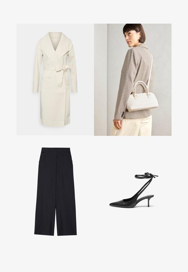 Női hosszú, krém színű, puha anyagból készült átlapolt kabát nagy gallérral, levehető övvel és két első zsebbel. Simar textúra és letisztult kialakítás.; Fekete, hosszú ujjú felső, harang alakú mandzsettákkal, puha textúrával és laza szabással, egyszerű, kerek nyakkivágással.; Sötét tengerészkék, széles lábú nadrág, sima textúrával, elől redőkkel és díszes, aranyszínű szélekkel a zsebeknél.; Fekete bőrszárú stiletto cipő hegyes orral, nyitott hátsó résszel és masnira köthető bokapántokkal. Karcsú, 3 hüvelykes sarok. Simább textúrájú, minimalista dizájn.; Fehér, strukturált kézitáska rövid füllel és vállpánttal, arany színű fém kiegészítőkkel és texturált anyagból, szürke háttér előtt bemutatva.