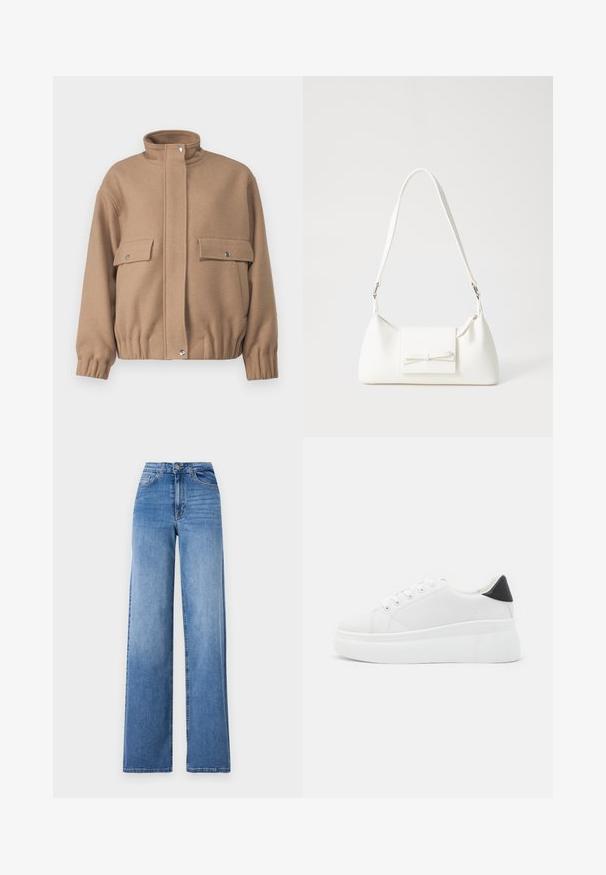 Brūns vilnas žakets ar augstu apkakli, divām priekšējām kabatām un elastīgām aprocēm. Iespējams, ar pogu aizdari un nedaudz saīsinātu apakšmalu.; Melnbaltie t-krekli, ar apaļu kaklu, īsām piedurknēm. Melnais krekls ar dzeltenu saules izšuvumu; baltais ar purpursarkanu mēness akcentu.; Gaiši zili platā kāju džinsi, kas izgatavoti no denima, ar augstu jostasvietu, priekšējiem kabatām un standarta pogu aizdari. Gluda tekstūra.; Baltas platforma kedas, izgatavotas no gludas sintētiskas vielas, ar noapaļotu purngalu, saites dizainu un teksturētu gumijas zoli. Melna papēža akcenta detaļa.; Balta sintētiska soma ar trīsstūrveida formu, plakanu priekšējo vāciņu un loku detaļu, regulējamu siksnu, gludu tekstūru un minimālistisku dizainu.