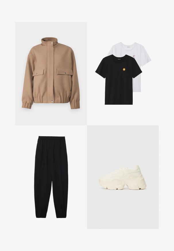 Bruine wollen jas met hoge kraag, twee voorzakken en elastische manchetten. Voorzien van drukknoopsluitingen en een licht cropped zoom.; Zwart-witte T-shirts, ronde hals, korte mouwen. Het zwarte shirt heeft gele zon-geborduurde details; het witte shirt heeft een purperen halve maan accent.; Zwarte, lichte broek met een elastische tailleband en gathered enkels. De stof is glad en heeft een ontspannen, taps toelopend ontwerp.; Chunky witte sneakers gemaakt van geperforeerd mesh en synthetische materialen, met een dikke zool en ingewikkelde patroon details aan de zijkanten.