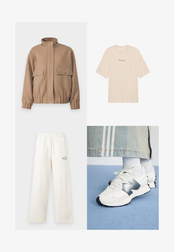Chaqueta de lana marrón con cuello alto, dos bolsillos frontales y puños elásticos. Presenta cierres a presión y un dobladillo ligeramente recortado.; Camiseta de algodón beige con un corte holgado, con mangas cortas y un escote redondeado. "Positive Sincere" impreso en negro en la parte delantera.; Pantalones anchos de color crema, hechos de material suave y con una cinturilla elástica. Presentan un sutil texto bordado en verde en la parte frontal.; Zapatillas deportivas blancas con un acento plateado, fabricadas con tejido texturizado y cuero suave; presentan una suela de goma negra y cordones.