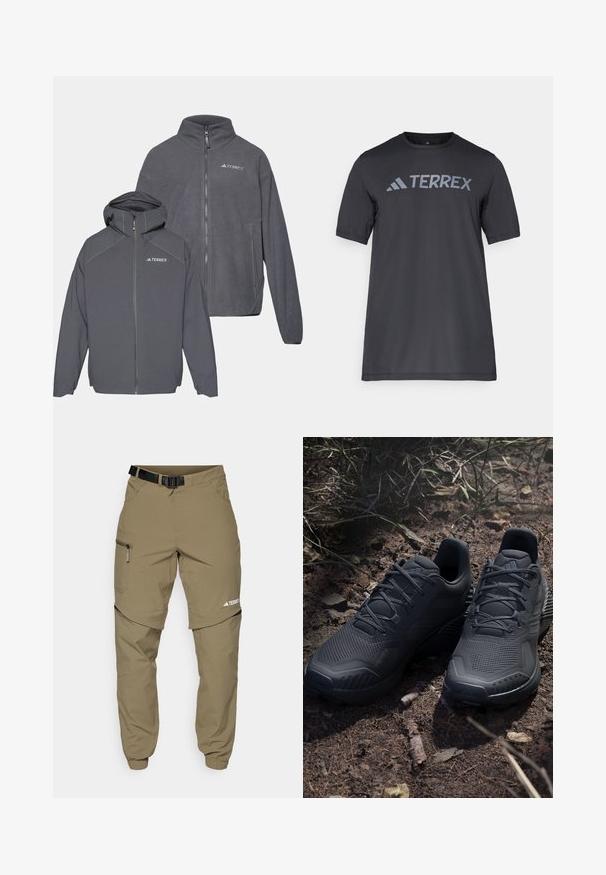 To zip-up fleecejakker i mørkegrå, hvoraf den ene har hætte, brandet med TERREX-logoet, glat tekstur og minimalistisk design.; Sort kortærmet t-shirt lavet af let stof, med et lys gråt "TERREX" logo på tværs af brystet og rund halsudskæring.; Khaki udendørs bukser med en justerbar sort bælte, lynlås-lommer, smalle ankler og aftagelige nederste ben til alsidig styling.; Sorte atletiske sko med en struktureret strikket overdel, forstærket tå og polstret sål, præsenteret på jordnær grund med spredte grene.