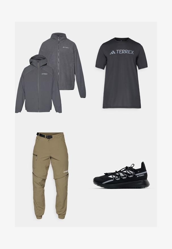 Kaksi tummanharmaata fleece-takkia, joissa on vetoketju, yhdellä hupullinen, ja molemmat on varustettu TERREX-logolla, sileällä pinnalla ja minimalistisella suunnittelulla.; Musta lyhythihainen t-paita kevyestä kankaasta, jossa on vaaleanharmaa "TERREX" -logo rinnassa ja pyöreä kaula-aukko.; Khaki ulkoiluhousut, joissa on säädettävä musta vyö, vetoketjulliset taskut, kapeat¯lahkeet ja irrotettavat alaosat monipuoliseen tyyliin.; Musta urheilukengät, joissa on verkkopinta, heijastavat yksityiskohdat, joustavat nauhat ja teksturoitu kumipohja. Ominaisuudet sisältävät tyylikkään muotoilun suorituskykyä varten.