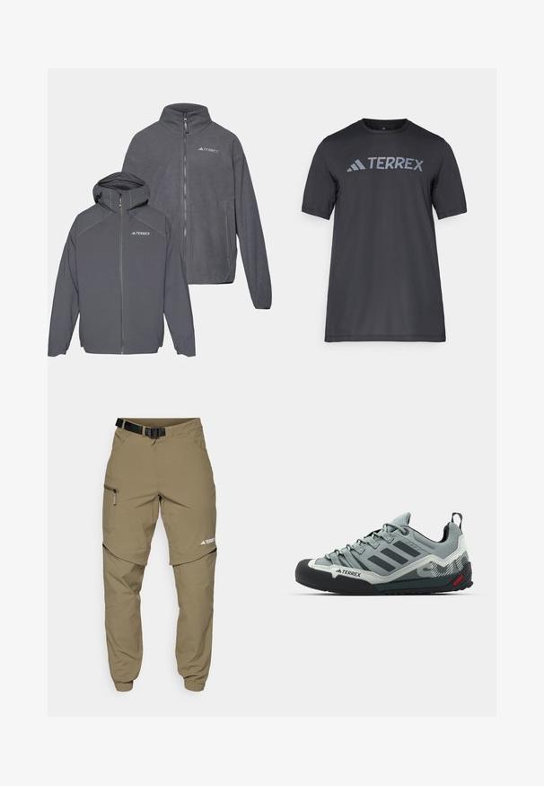 Du du zip-up poliesterio striukės tamsiai pilkos spalvos, viena su kapišonu, pažymėtos TERREX ženklu, lygia tekstūra ir minimalizmo stiliumi.; Juodas trumpų rankovių marškinėliai iš lengvo audinio, su šviesiai pilku „TERREX“ logotipu krūtinėje ir apvaliu iškirpimu.; Kaki lauko kelnės su reguliuojamu juodu diržu, užtrauktukais užsegamomis kišenėmis, siaurėjančiais klešniais ir nuimamomis apatinėmis dalimis, skirtomis įvairiems stiliams.; Pilkos lipimo bateliai su tekstūruotu viršumi, juodu guminiu pirštu, trimis tamsiomis juostelėmis ir mažu raudonu akcentu ant padų.