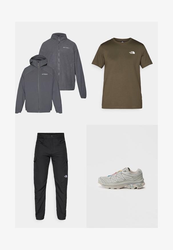 Dva dukserice na rajsferšlus od flisa u tamnosivoj boji, s kapuljačom na jednoj, obilježene TERREX logom, glatke teksture i minimalističkog dizajna.; Maslinasto zelena pamučna majica s kratkim rukavima, okruglim izrezom i bijelim logom na lijevoj strani grudi. Glatka tekstura tkanine, redoviti kroj.; The North Face HORIZON PANT - Hlače za otvoreno - black; Svijetlo siva atletska cipela s teksturiranim mrežastim gornjim dijelom, reflektirajućim detaljima, izraženim potplatom i šarenim vezicama. Ima potporni dizajn.