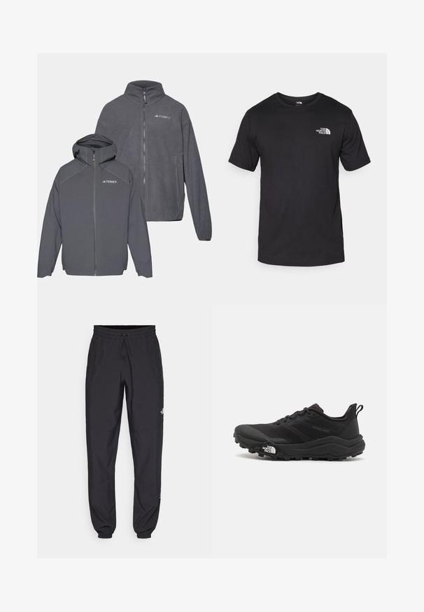 Dva zip-jakna iz flisa v temno sivi barvi, pri čemer ena vključuje kapuco, označena z logotipom TERREX, z gladko teksturo in minimalističnim dizajnom.; Črna kratko sleeved majica iz bombaža, s krožnim izrezom in majhnim belim logotipom na zgornjem levem delu prsnega koša.; Črne atletske hlače iz lahkega materiala, ki imajo elastični pas z vezalko, stranske žepe in zožene manšete na gležnjih.; Črne tekaške čevlje za trail s teksturirano zgornjega dela, gumijastim podplatom in ojačanim zaključkom prstov. Vključuje oblazinjen ovratnik in zanko za enostavno obuvanje.