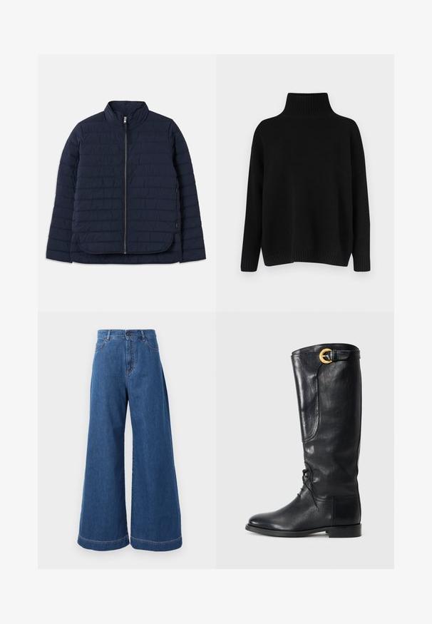 Tumes puffer-jakk, millel on kõrge krae, horisontaalne tikandimuster, täispikk tõmblukk ja külgmised lõhikud mugavaks liikumiseks.; Mustast riidest kudumiga kampsun, millel on kõrge soonikuga krae, allapoole langetatud õlad ja lõdvestunud lõige. Omadusena soonikuga mansetid ja alumine ääreosa, mis lisavad tekstuuri.; Laia püksid keskmises sinises denimis, millel on kõrge vöökoht, ees olevad taskud ja kontrastõmblus õmbluste ning äärte ääres.; Mustast nahast põlvekõrgune saabas, millel on ümar varvas, nööbitav esikülg, külgedel detailid ja kuldne aksessuaar lõpus. Sujuv tekstuur.