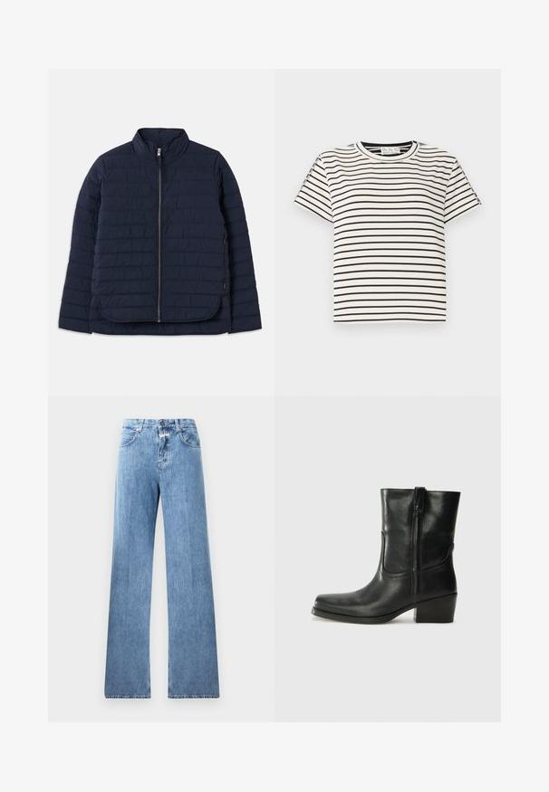 Navy puffer jacket with a high collar, horizontal quilted pattern, full-length zipper, and side hem slits for ease of movement.; Cotton short-sleeve T-shirt with a crew neckline, featuring black vertical stripes on a white background and a straight cut design.; Light blue denim jeans with a wide-leg design, five pockets, belt loops, and a button closure. The fabric has a smooth texture.; Black leather ankle boot with a rounded toe, block heel, side zipper, and stitching accents on the vamp. Smooth texture, classic design.