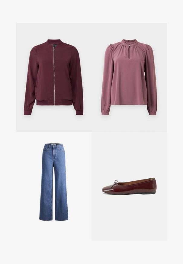 Bordeaux bomberjack met een rits aan de voorkant, ronde halslijn en geribde manchetten. Gemaakt van gladde stof met een eenvoudig, klassiek ontwerp.; Mauve blouse met lange mouwen, geplooide kraag, keyhole halslijn met knoopsluiting en licht opgeblazen schouders.; Lichtblauwe denim wijde jeans met een hoge taille, twee voorzakken en zichtbare stiksels. Voorzien van een knoop- en ritssluiting.; Bordeaux gepatenteerd lederen ballerina met een ronde neus, een klein strikaccent aan de voorkant en een lage, zwarte rubberen zool. Glad textuur.