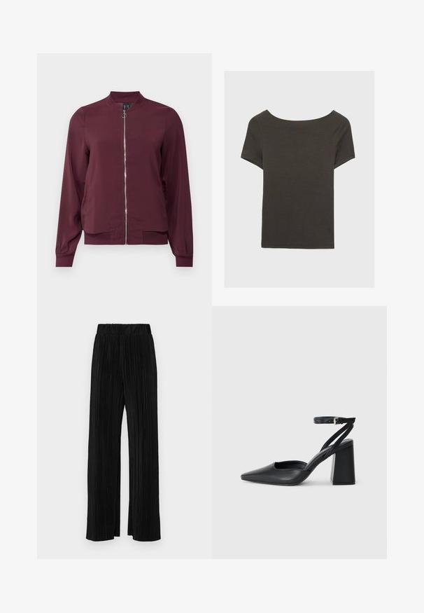 Veste bomber bordeaux à fermeture éclair, col rond et poignets côtelés. Fabriquée dans un tissu lisse avec un design simple et classique.; Haut à manches courtes gris foncé avec un col bateau. Fabriqué en tissu côtelé, il présente une coupe décontractée et un ourlet propre. Design simple, sans motifs.; Pantalons plissés noirs avec une taille élastique. Présente des jambes larges et un tissu lisse texturé avec des rayures verticales.; Escarpin noir en cuir à bout pointu avec une bride de cheville et un talon épais. Texture lisse, design élégant et esthétique minimaliste.
