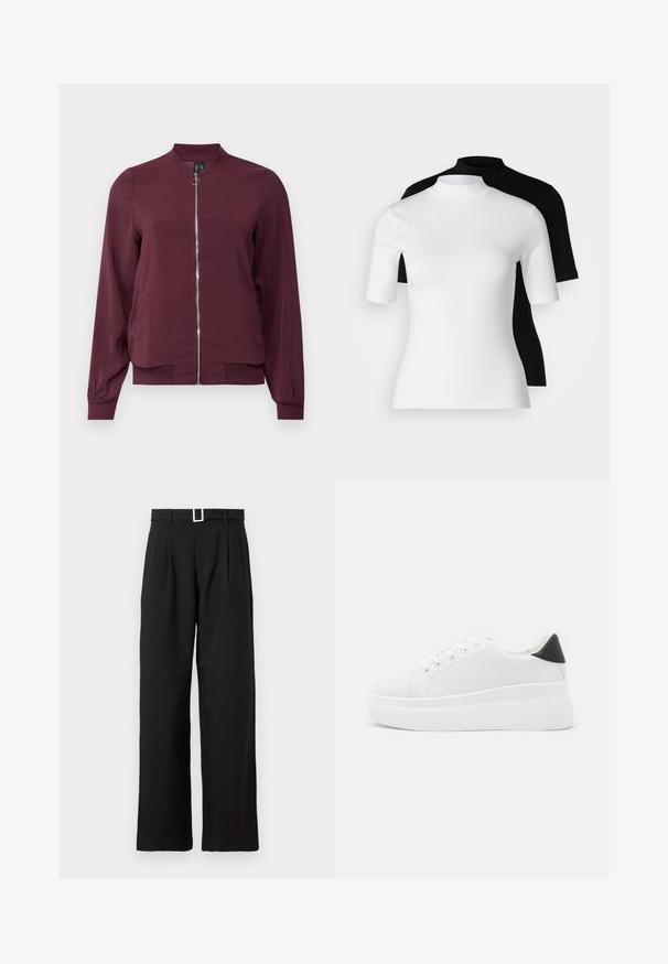 Bordeaux bomberjack met een rits aan de voorkant, ronde halslijn en geribde manchetten. Gemaakt van gladde stof met een eenvoudig, klassiek ontwerp.; Set van twee aangesloten coltruien in het wit en zwart. Korte mouwen, gladde katoenen stof en nauwsluitend ontwerp. Geen patronen of graphics.; Zwarte hoge taille wijde broek met riemlussen en een zilveren rechthoekige gesp op een witte achtergrond.; Witte platform sneakers van glad synthetisch materiaal, met een afgeronde neus, vetersluiting en een gestructureerde rubberen zool. Zwarte hielaccent.