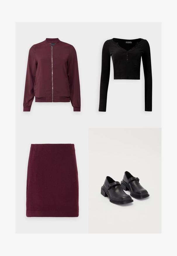 Veste bomber bordeaux à fermeture éclair, col rond et poignets côtelés. Fabriquée dans un tissu lisse avec un design simple et classique.; Haut noir à manches longues cropped en tissu côtelé, avec un décolleté en V et une patte de boutonnage à trois boutons à l'avant.; Vero Moda VMFORTUNALLISON SHORT - Jupe trapèze - winetasting; Chaussures en cuir noir avec un bout arrondi, semelle plate et une sangle avec une boucle décorative. Talon épais pour plus de stabilité.