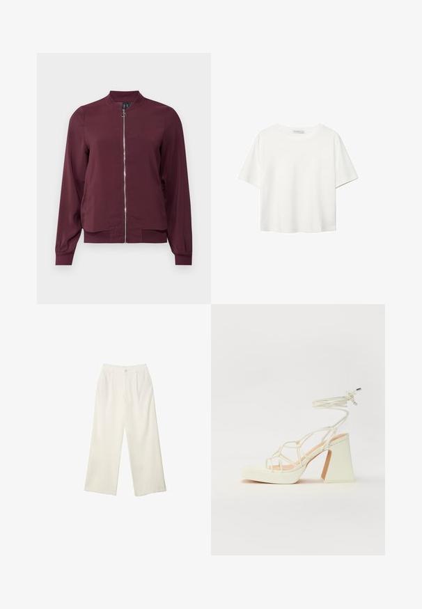 Burgundská bomber bunda se zapínáním na zip, kulatým výstřihem a ribbenovými manžetami. Vyrobena z hladkého materiálu s jednoduchým, klasickým designem.; Bílý krátký rukáv tričko vyrobené z bavlny. Má kulatý výstřih a volný střih. Hladký materiál bez viditelných vzorů nebo akcentů.; Široké kalhoty z krémové látky s hladkým povrchem, s jediným předním knoflíkem, jemnými skladbami a vysokým pasem.; Bílé sandály na vysokém podpatku s robustním podpatkem, s designem s pásky a zavazováním kolem kotníku. Hladký povrch s platformou vpředu pro zvýšení výšky.