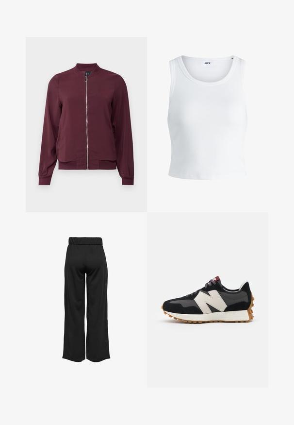 Veste bomber bordeaux à fermeture éclair, col rond et poignets côtelés. Fabriquée dans un tissu lisse avec un design simple et classique.; Débardeur blanc côtelé avec un col rond, sans manches et d'une longueur cropped. L'étiquette indique "JJXX". Texture du tissu lisse.; Pantalons noirs à jambes larges avec une taille élastique, fabriqués à partir d'un tissu lisse. Présente un design épuré sans poches ni détails de couture visibles.; Baskets en suede noir et gris avec un grand logo "N" couleur crème, lacets violets et semelle extérieure en caoutchouc gomme texturé.